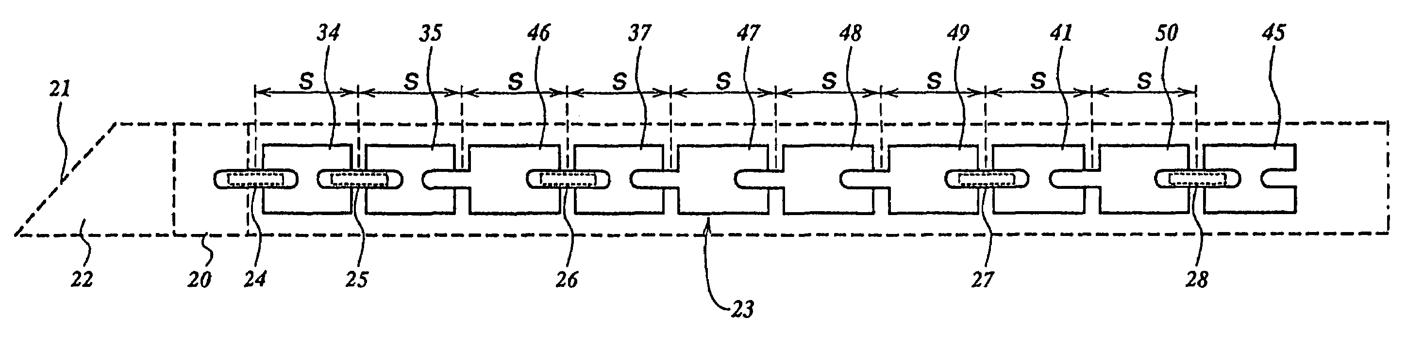 Row of radioactive seeds and non-radioactive spacers and connector therefore