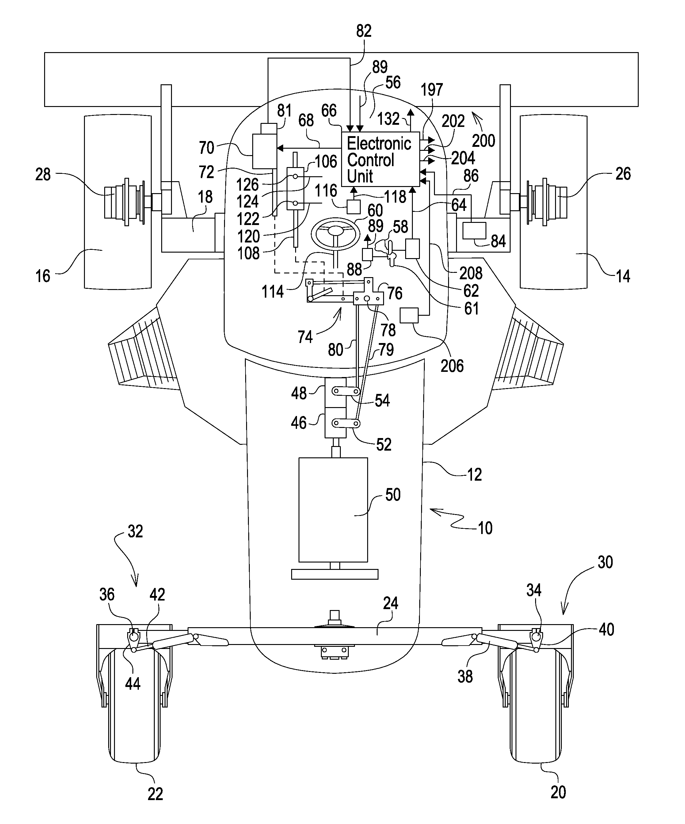 Steering control system for hydrostatically driven front vehicle ground wheels and steerable rear caster wheels