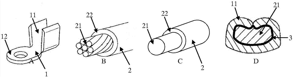 Junction for copper terminal and aluminium conductor and ultrasonic welding method thereof