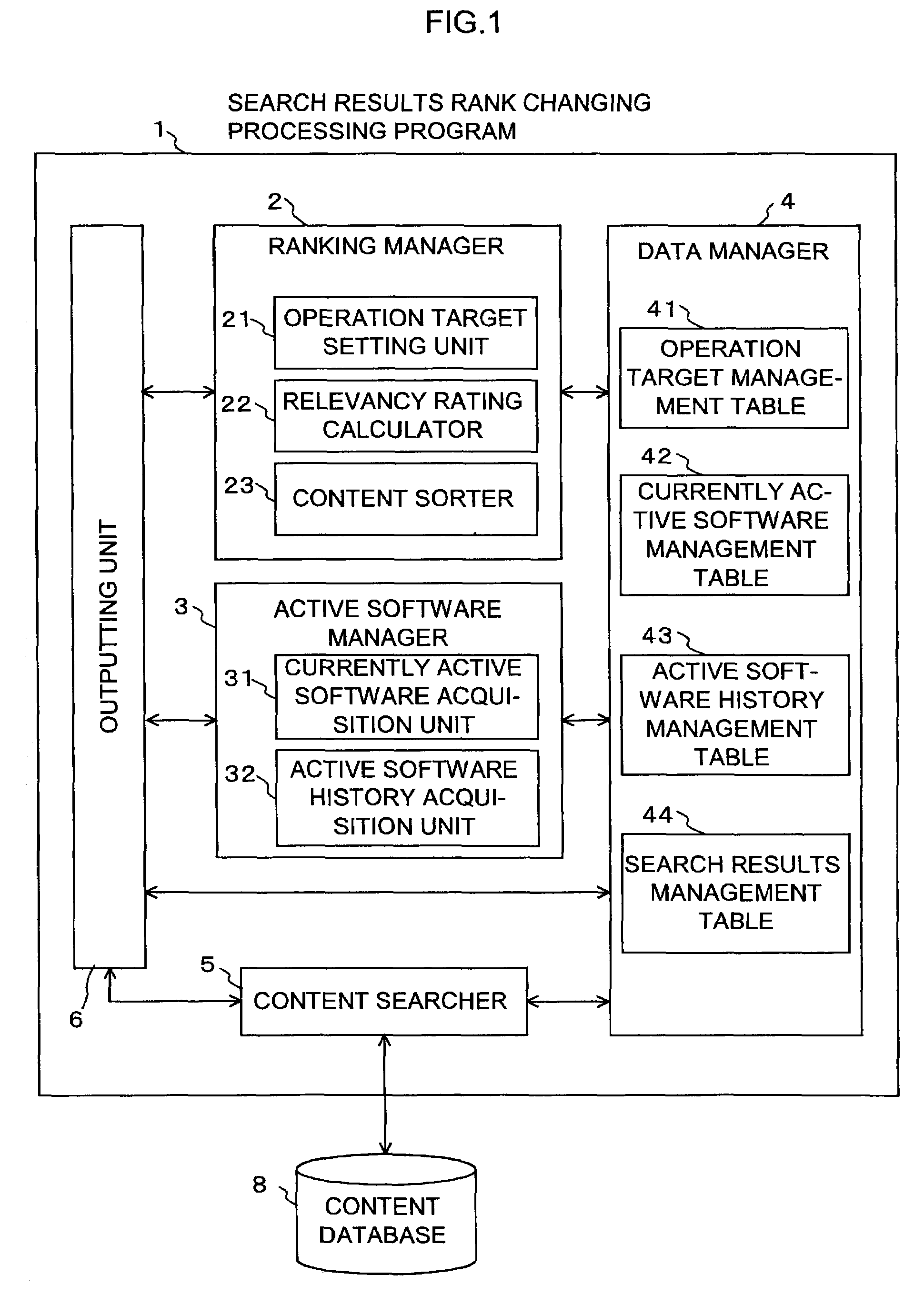 Program for changing search results rank, recording medium for recording such a program, and content search processing method