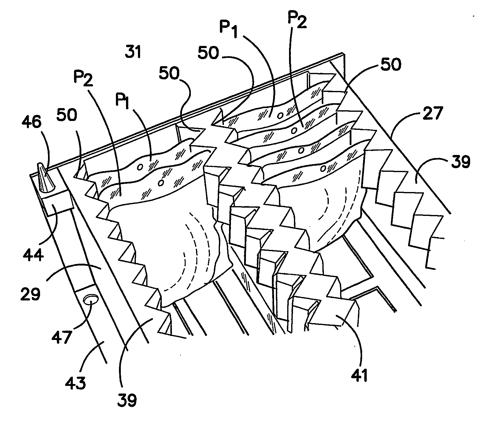 Flexible pouch filling and heat sealing line for flexible pouches and containers for supporting and moving the flexible pouches