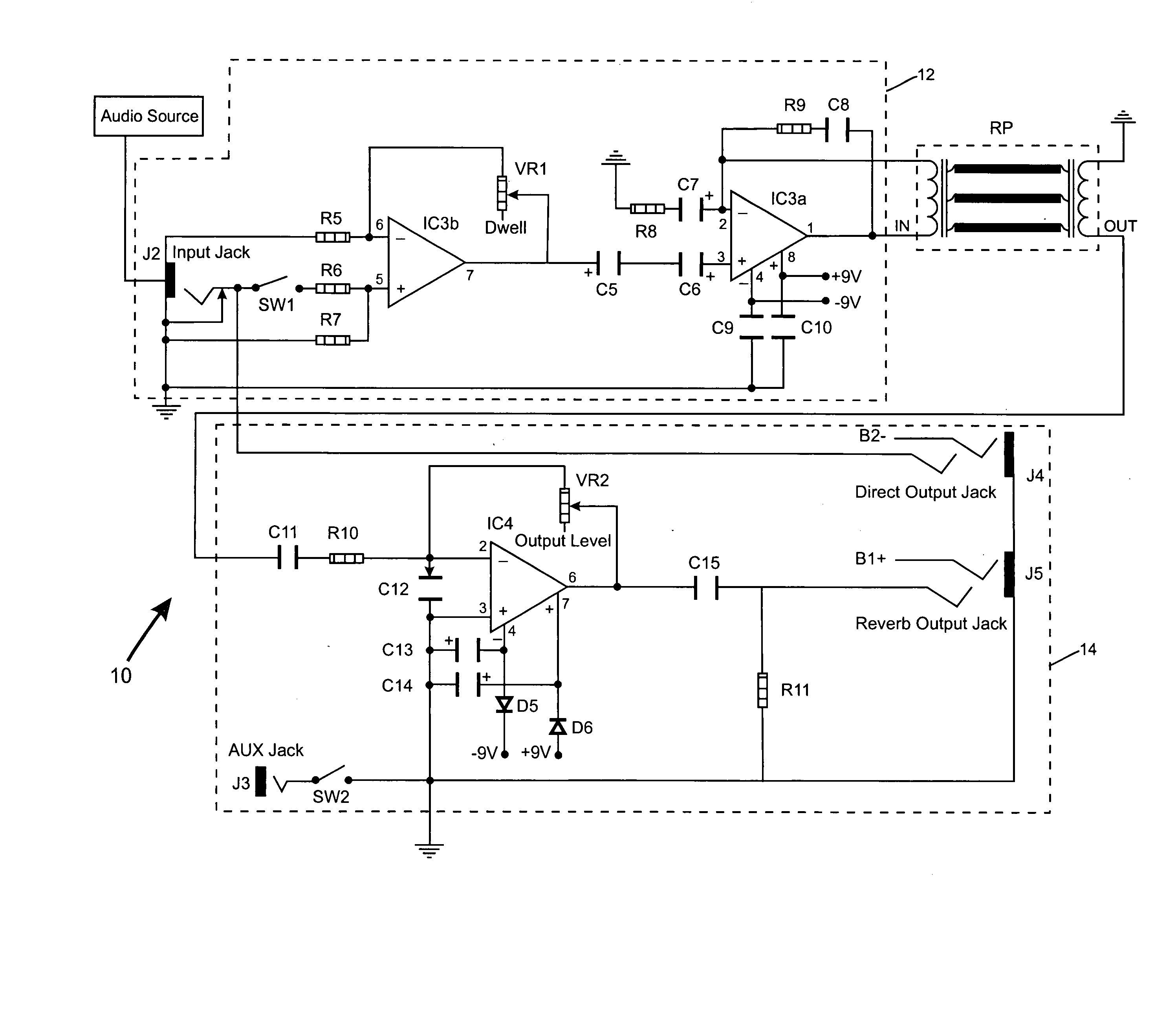 Electronic circuit with reverberation effect and improved output controllability