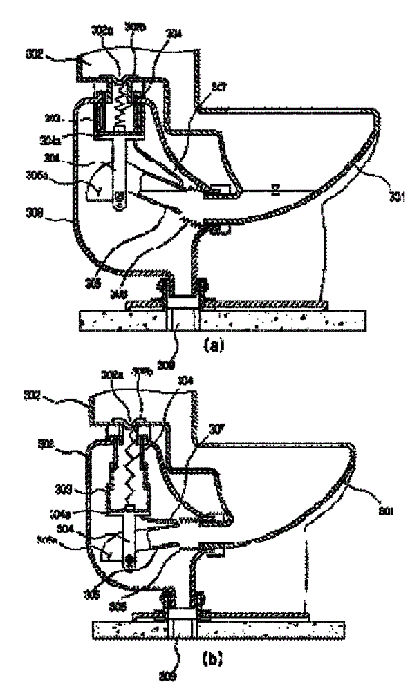 Variable, double, straight-line piping type of water-saving toilet