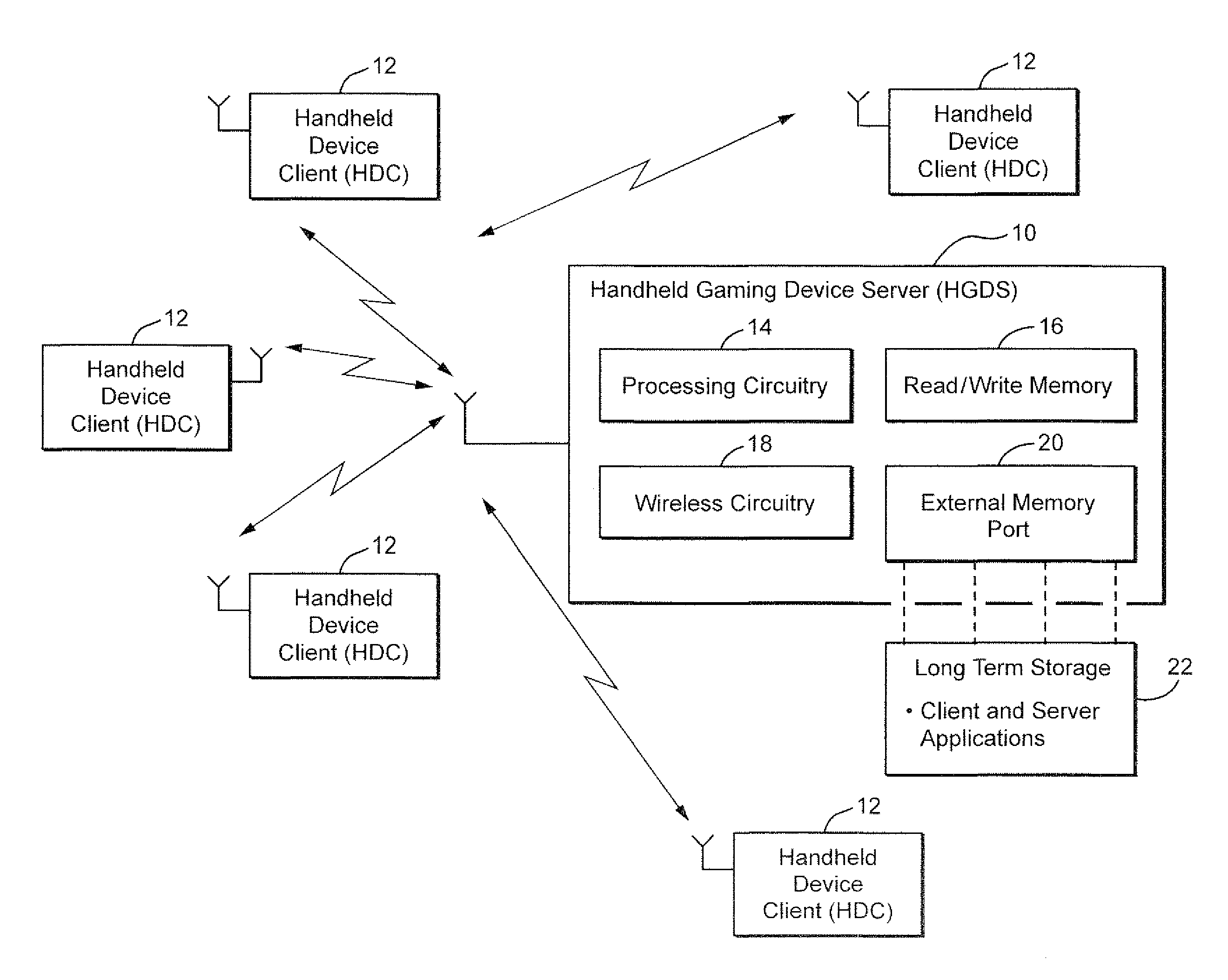 Handheld wireless game device server, handheld wireless device client, and system using same