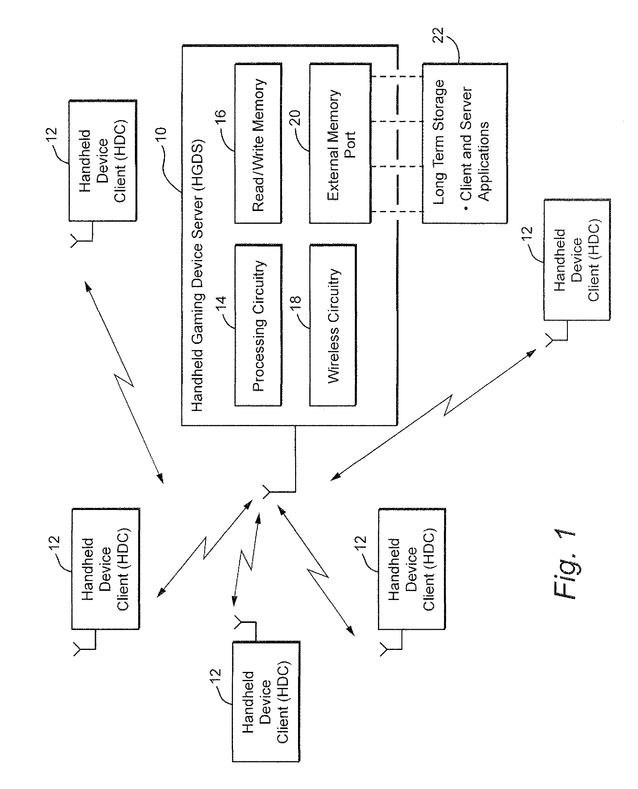 Handheld wireless game device server, handheld wireless device client, and system using same