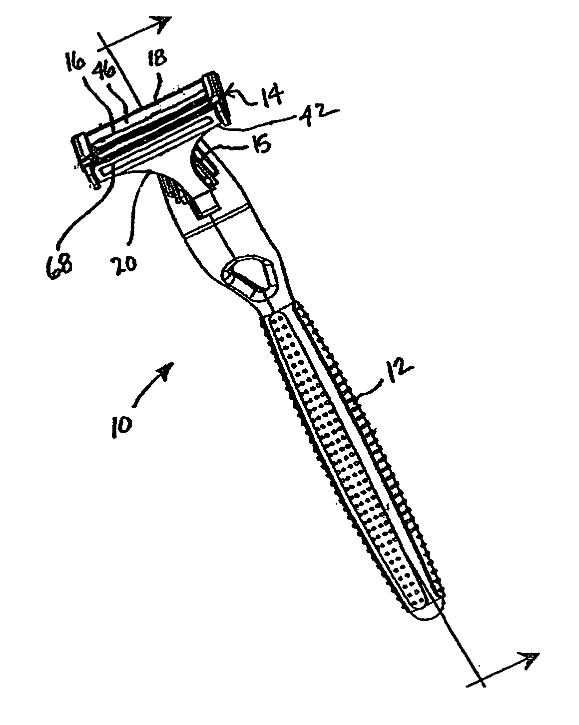 Shaving implement having a cap forward pivot