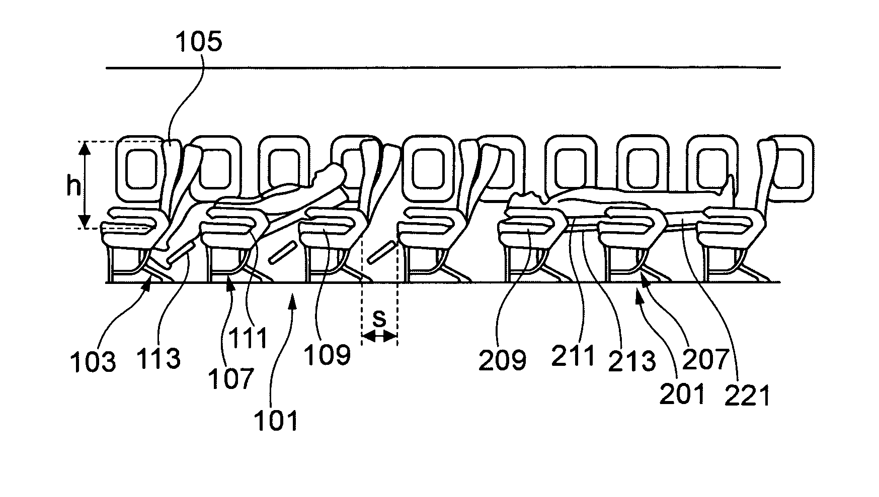 Aircraft with seat arrangement having different seat configurations for transport of a patient