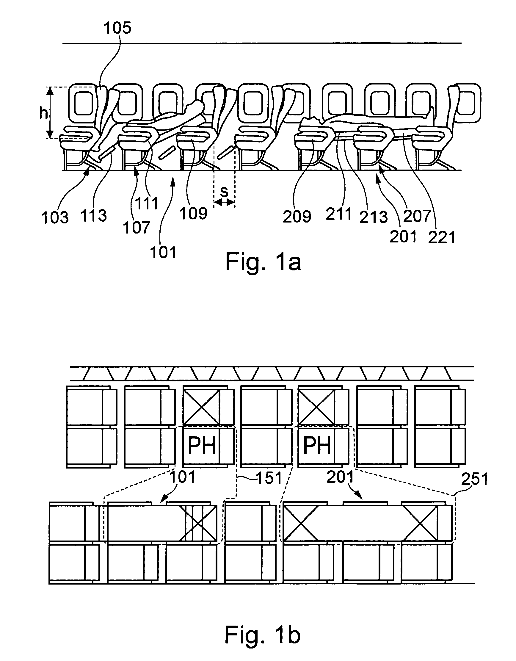 Aircraft with seat arrangement having different seat configurations for transport of a patient