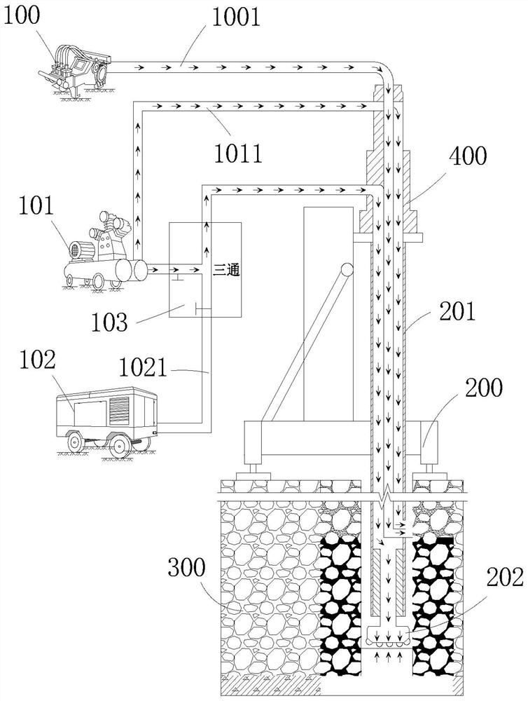 Deep and thick rockfill layer down-the-hole hammer hole guiding and rotary jet drilling and spraying integrated pile forming equipment