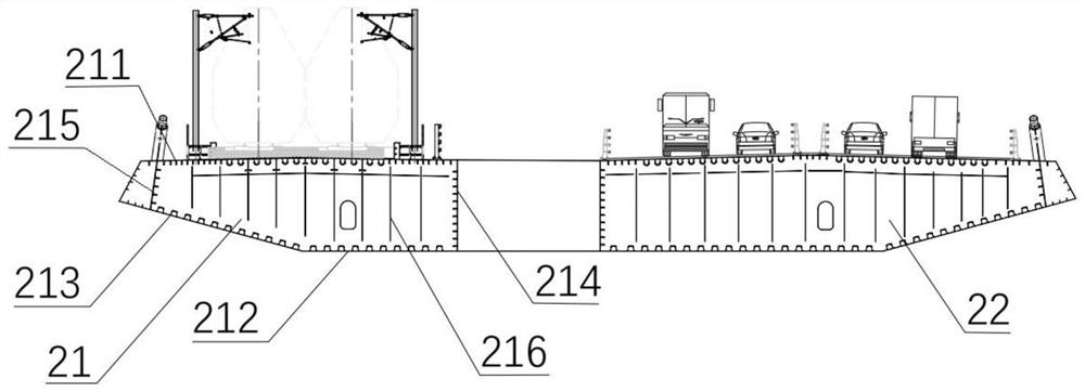 Cable-stayed bridge with highway and railway arranged asymmetrically on same layer