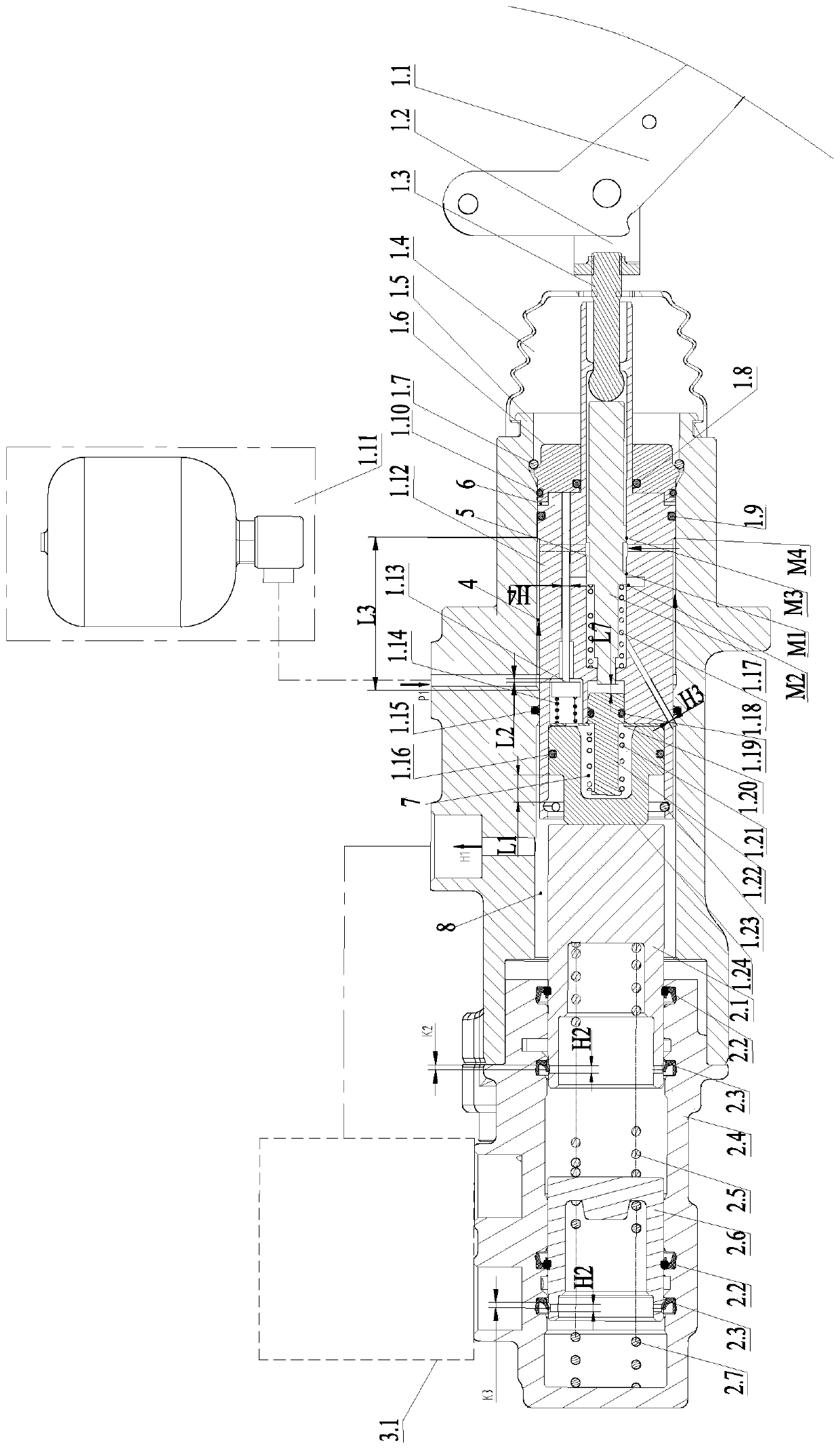 Hydraulic booster assembly device with pre-filling function