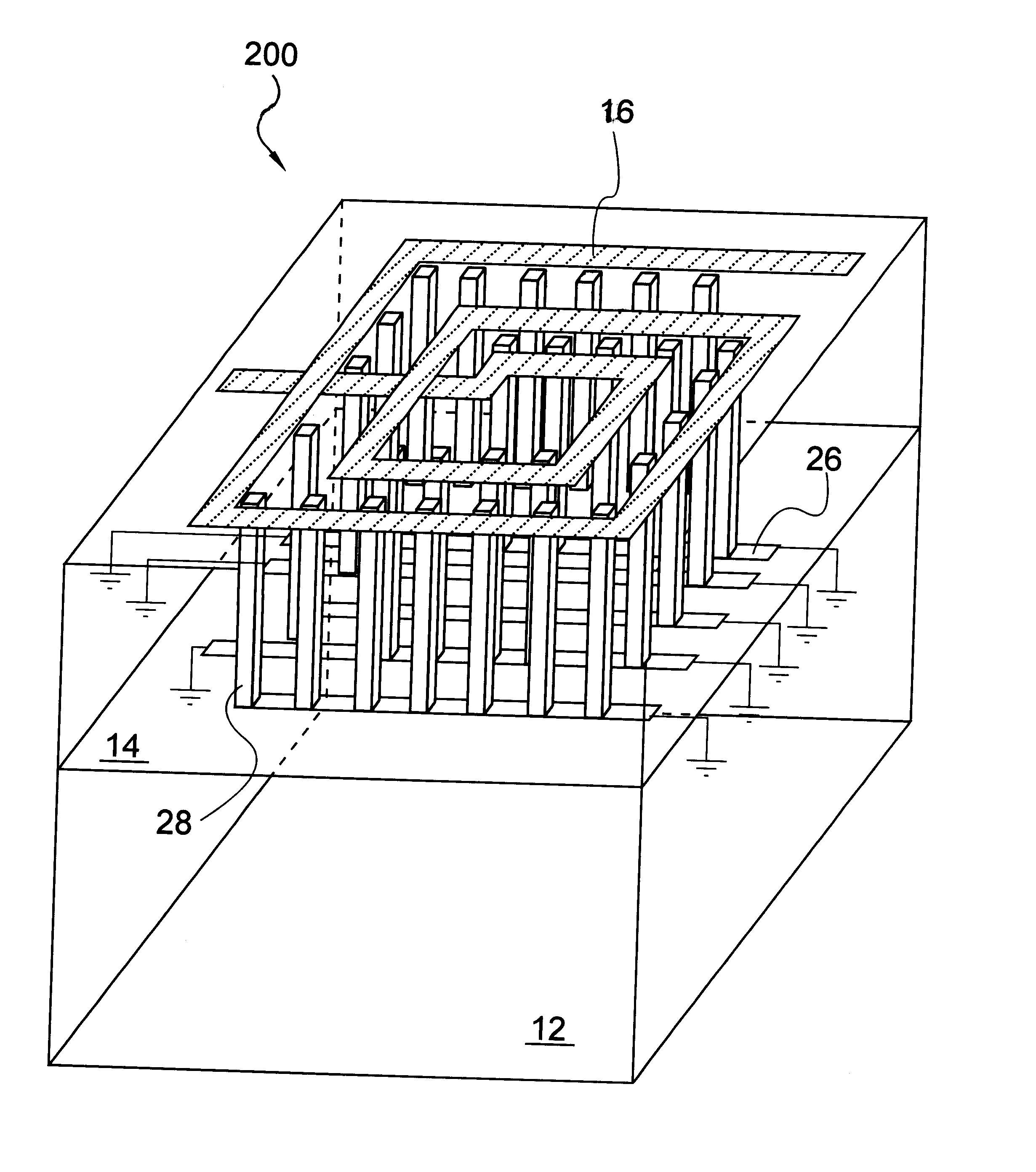 Spiral inductor semiconducting device with grounding strips and conducting vias