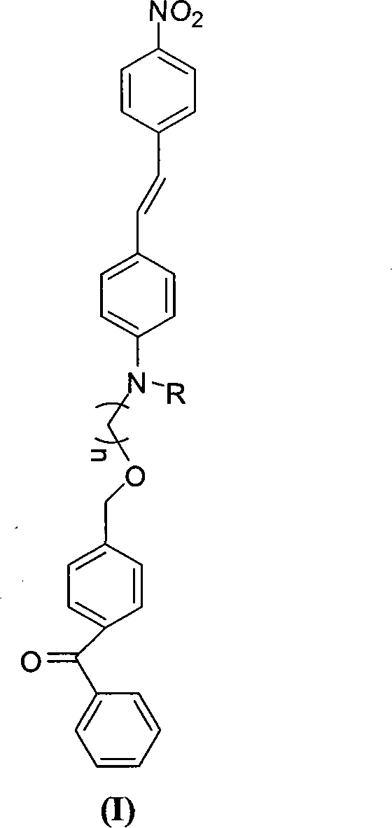 P-nitro diphenyl ethylene dye containing benzophenone via ether linkage as well as synthesis and application