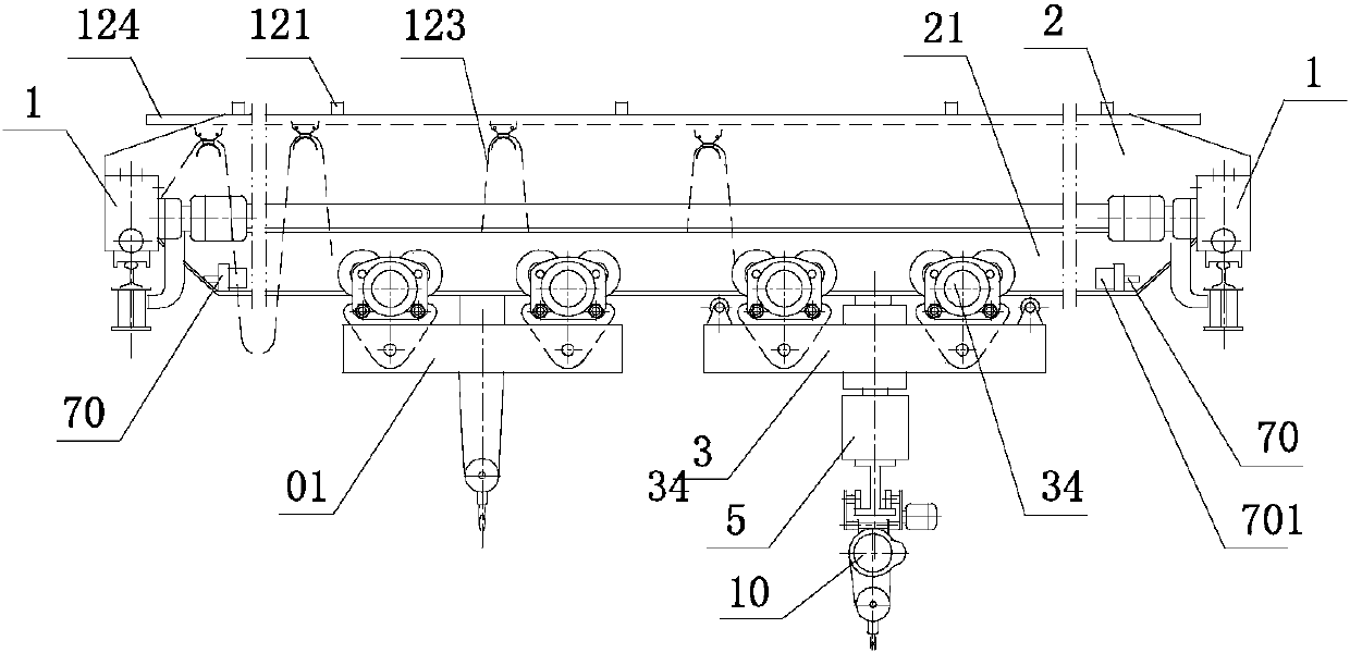 Crane provided with lifting trolley and suspension trolley and having sector gear transmission function