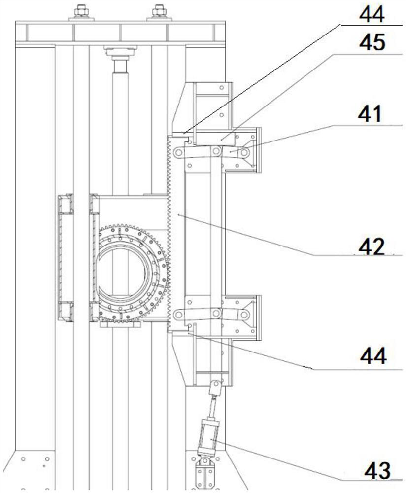 Device for achieving lifting and overturning of large workpiece through gear and rack