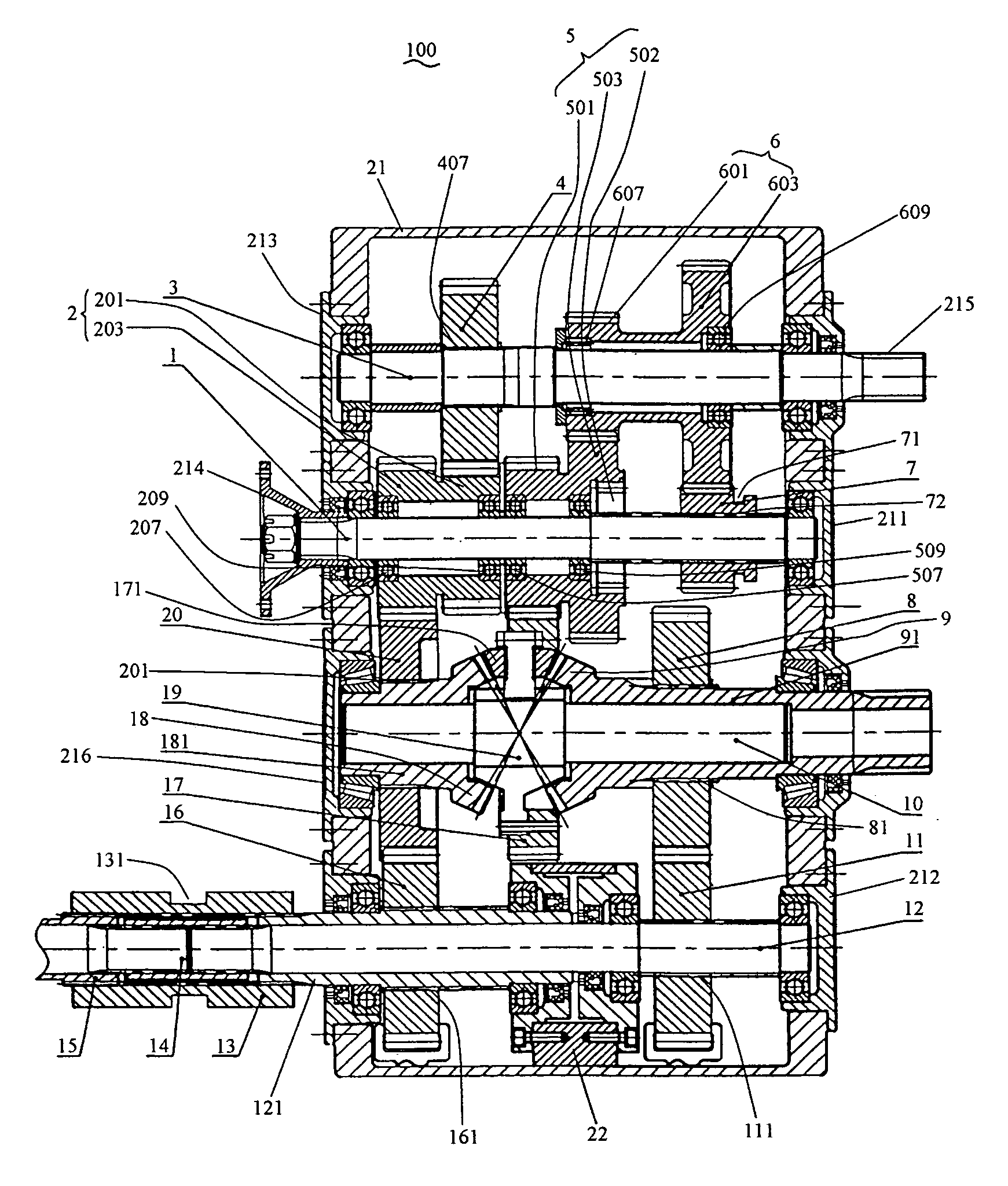 Transmission mechanism with a caseless differential mechanism