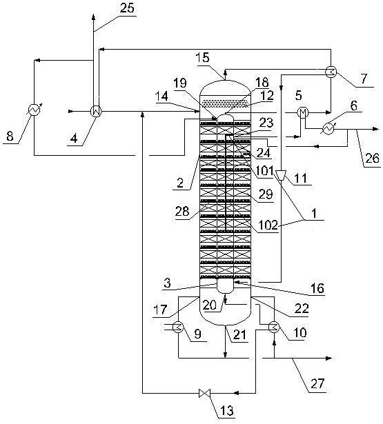 Internal energy integrated rectifying device for three-component separation and rectification method using same