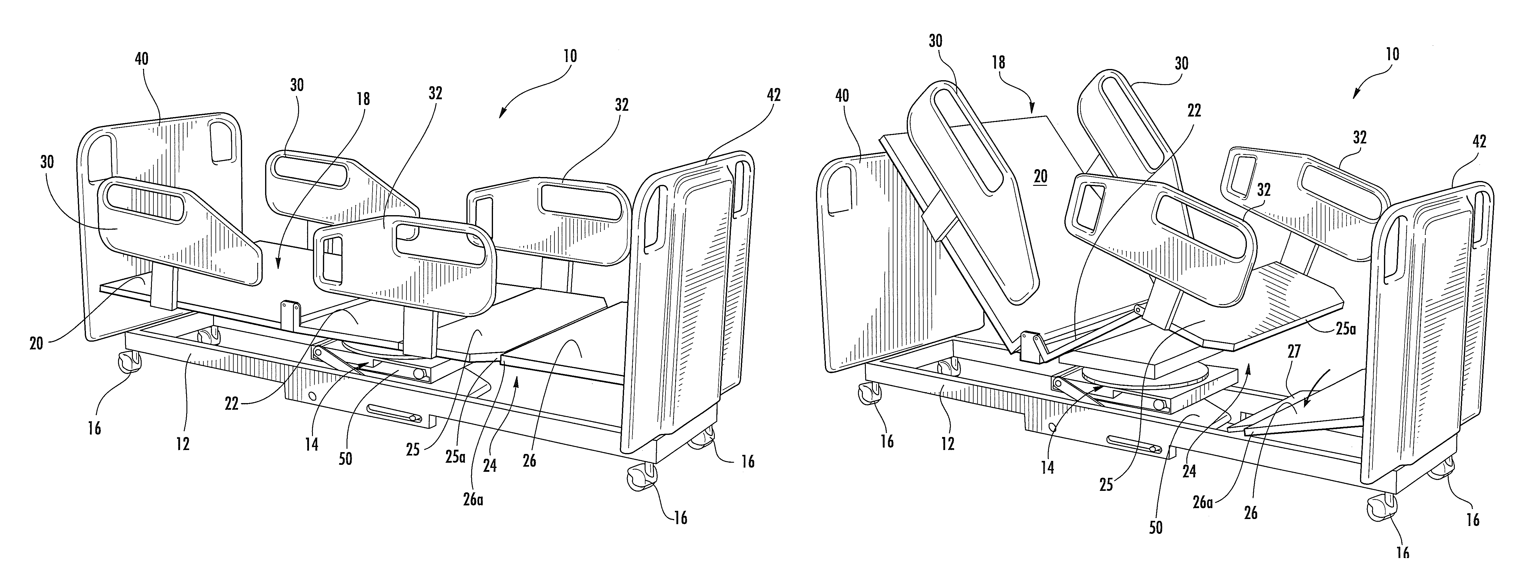 Hospital chair beds with drop foot section