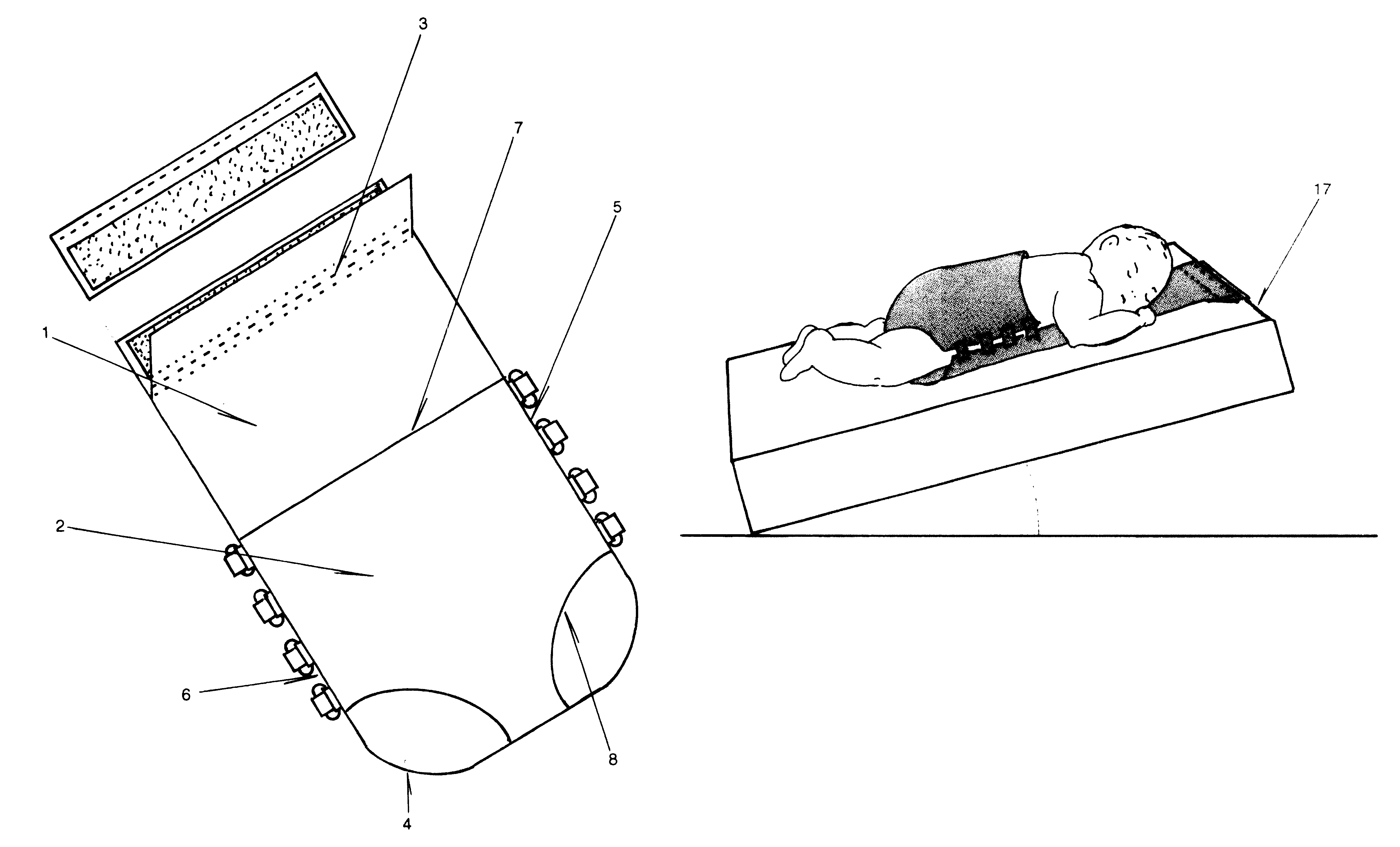 Dismountable and adjustable fastening device for laying down pediatric patients in an inclined position