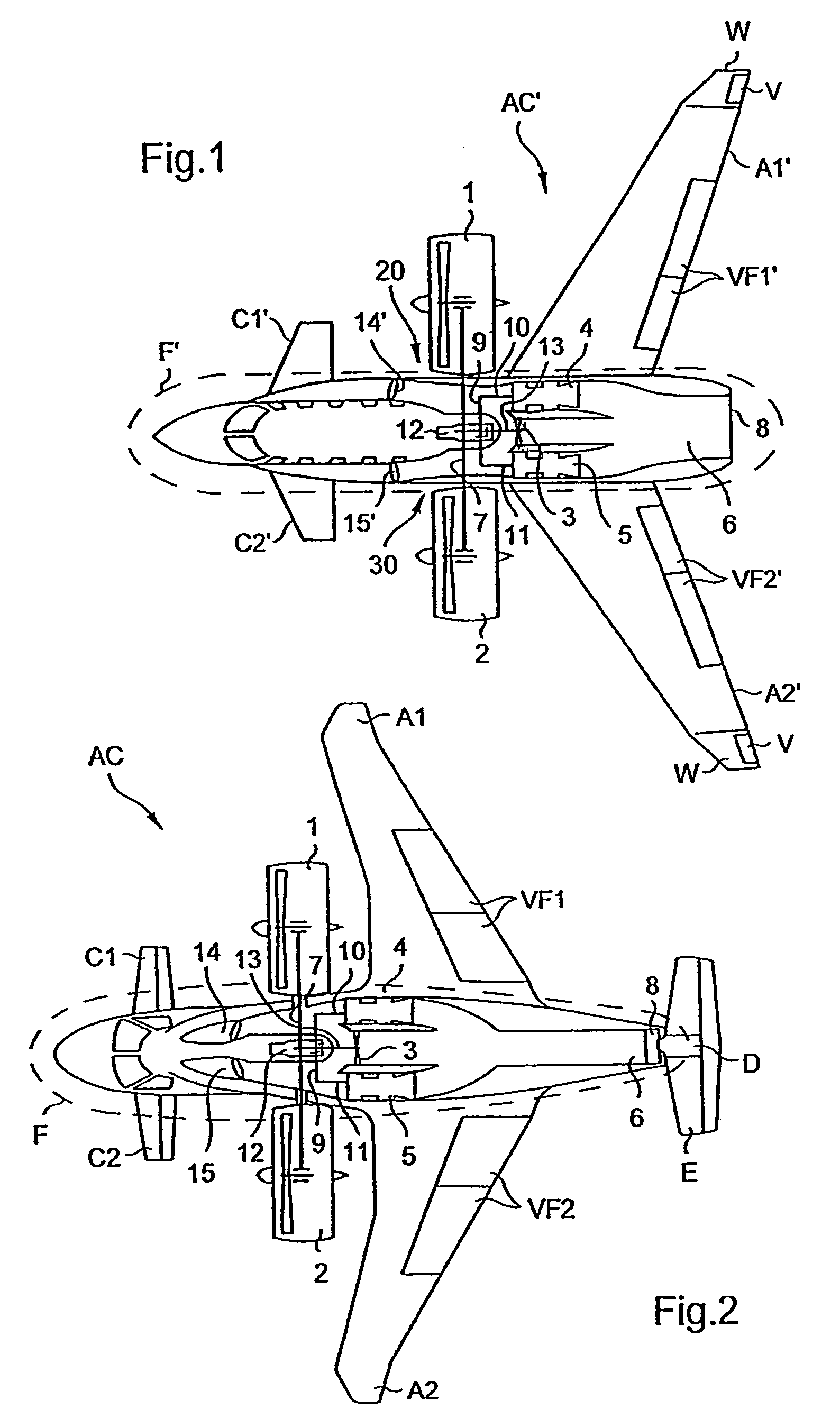 Convertible aircraft provided with two tilt fans on either side of the fuselage, and with a non-tilting fan inserted in the fuselage