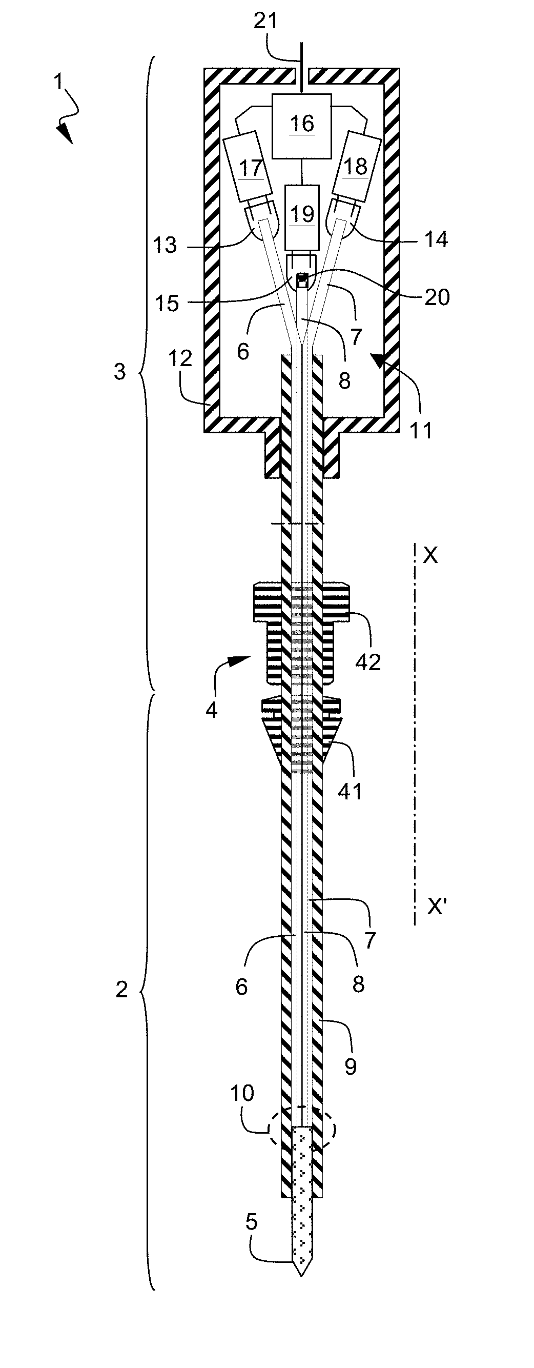 Downhole fluid properties analysis probe, tool and method