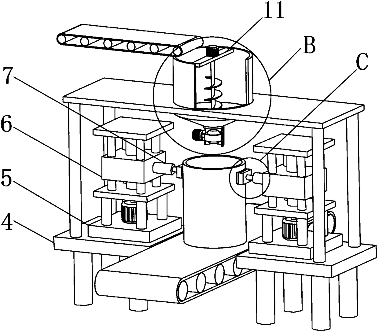 Filling device for treating radioactive waste