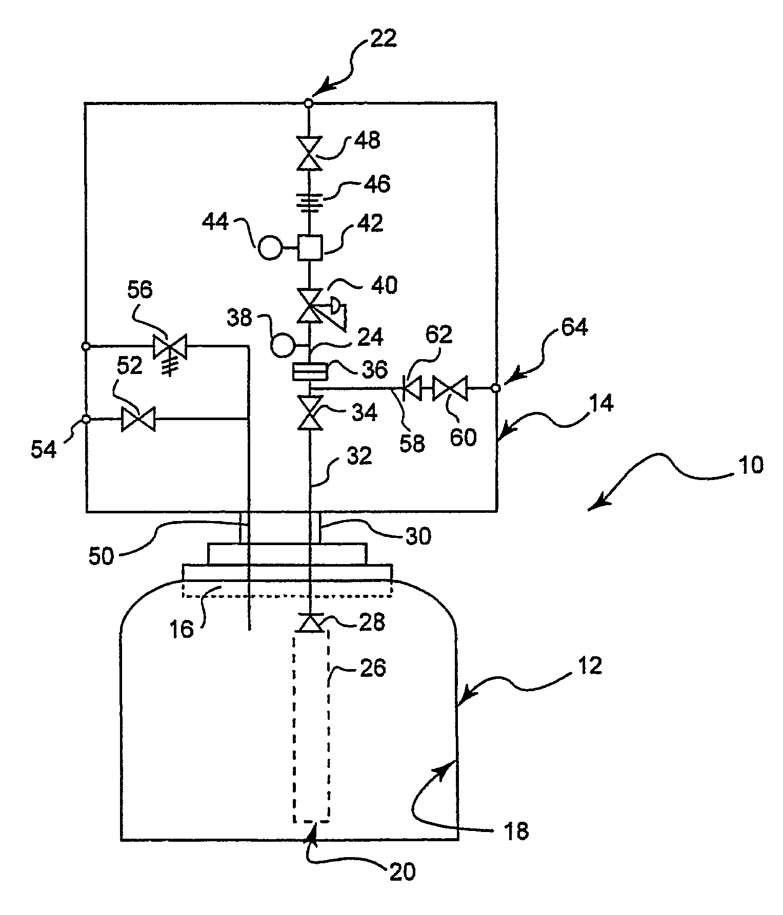 Assembly and method for containing, receiving and storing fluids and for dispensing gas from a fluid control and gas delivery assembly having an integrated fluid flow restrictor