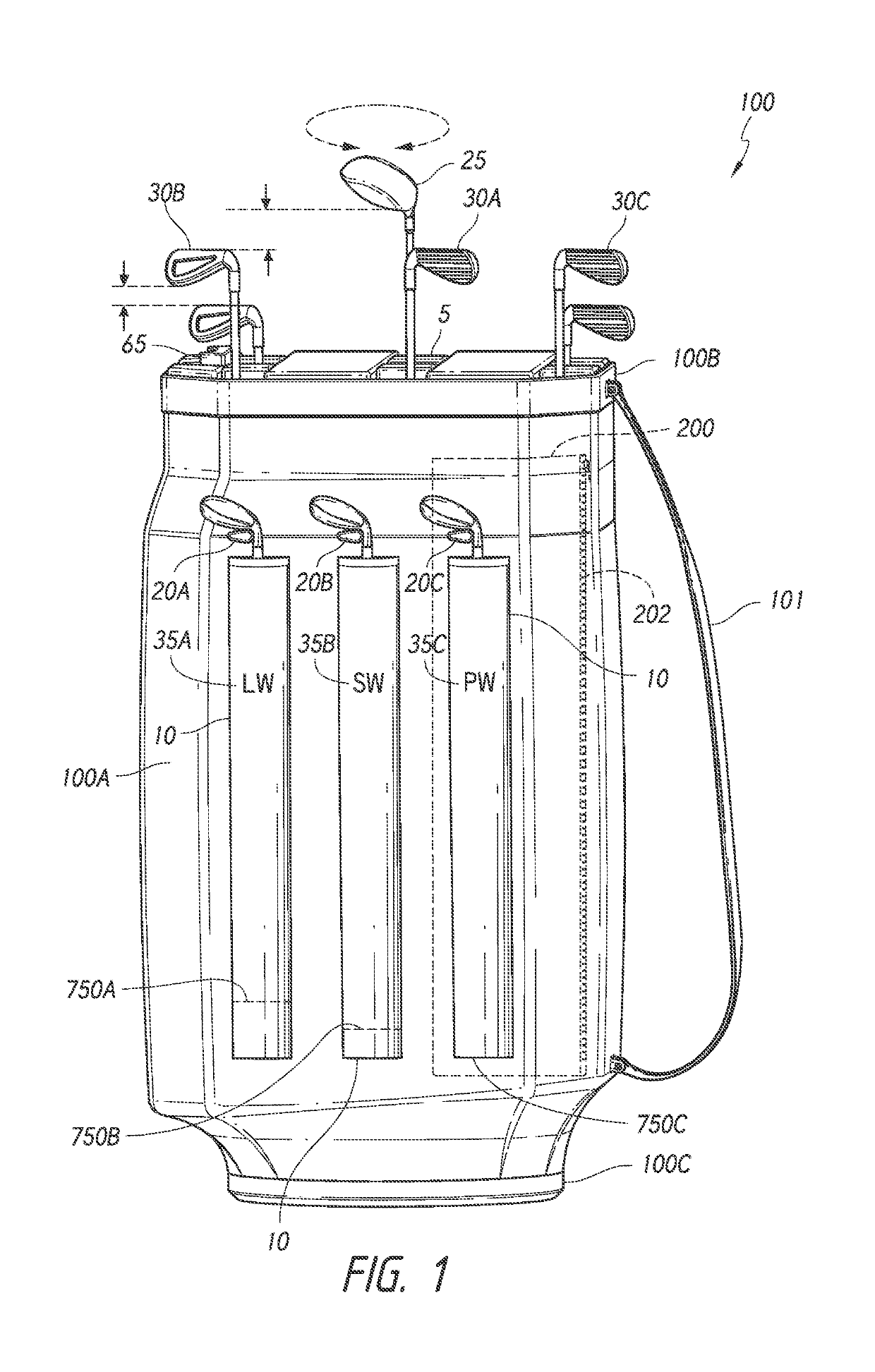 Golf bag with club spacing features