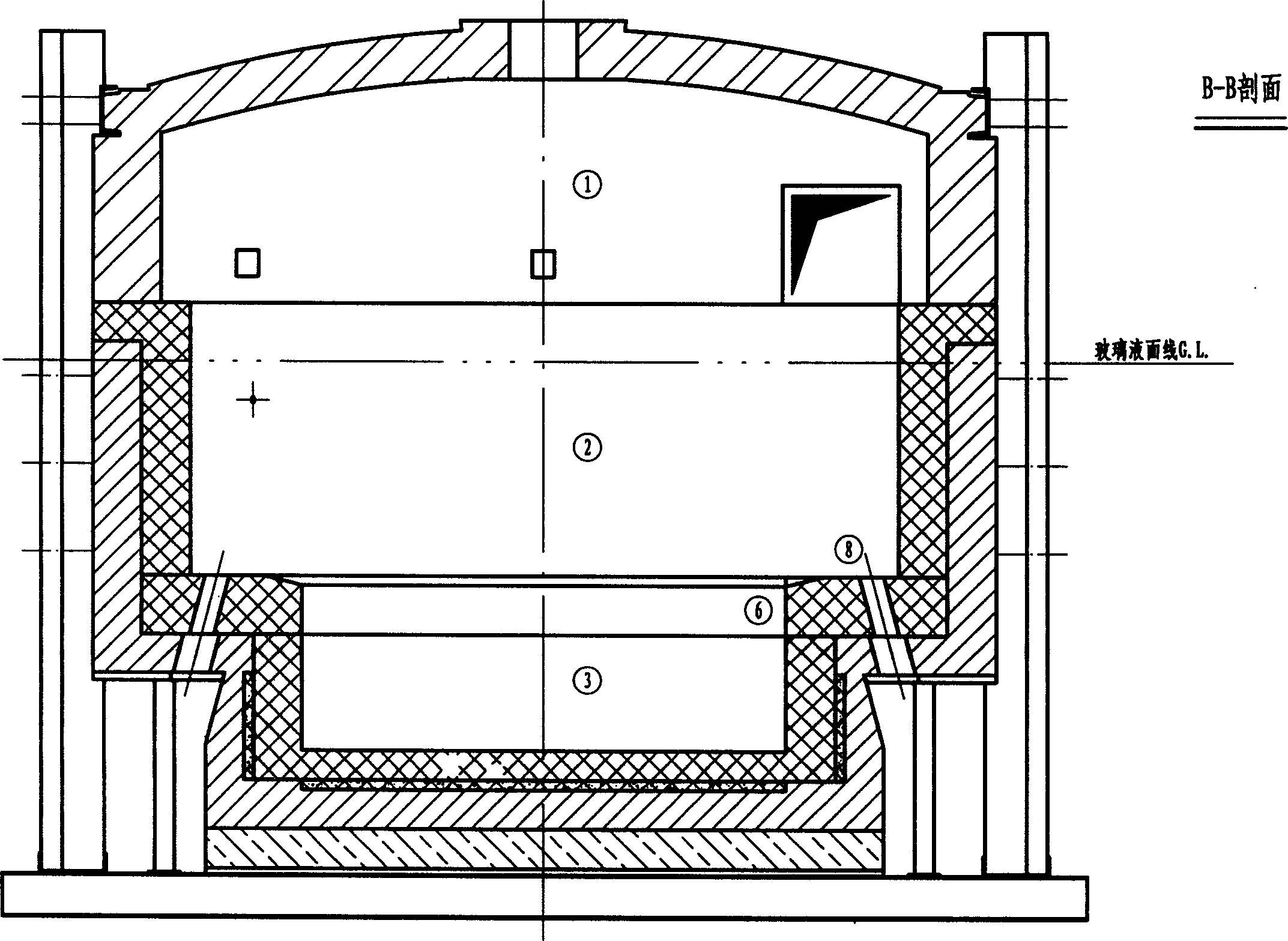 Hexagonal step type electrofusion furnace technology for high boron silicon instrument glass