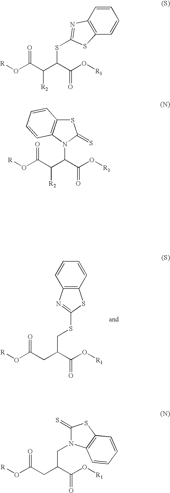 Lubricant and fuel compositions containing 2-(S(N)-mercaptobenzothiazole)succinic and methylene succinate esters