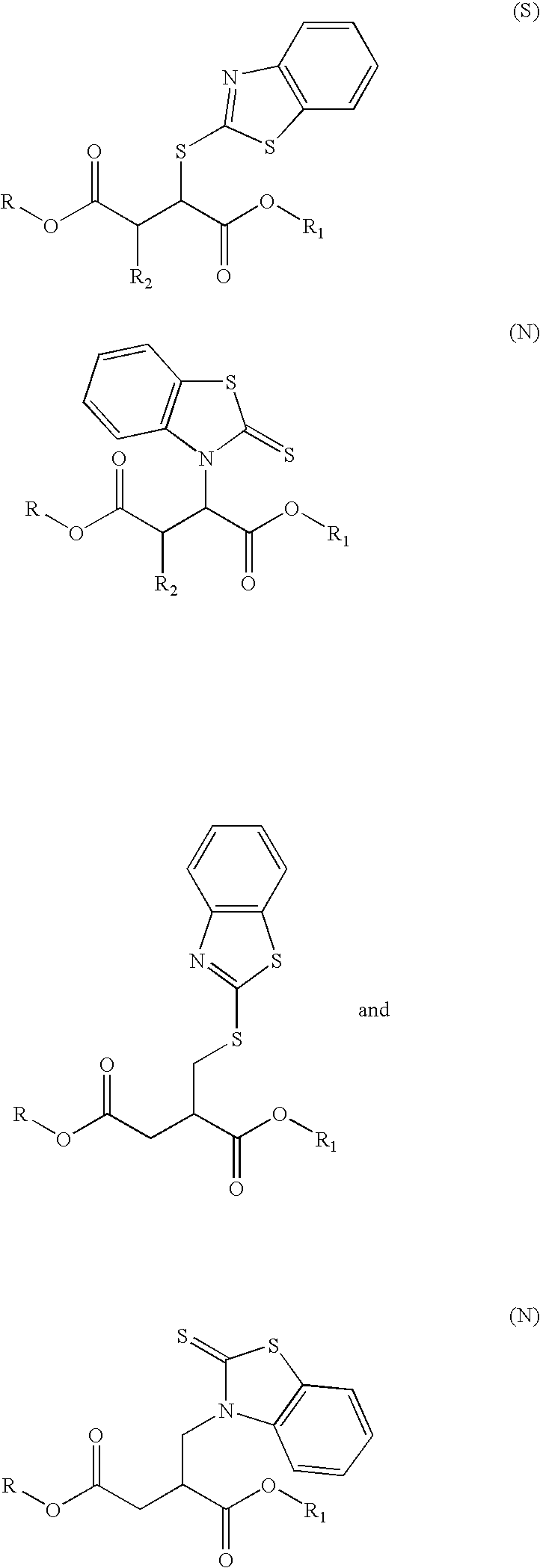 Lubricant and fuel compositions containing 2-(S(N)-mercaptobenzothiazole)succinic and methylene succinate esters