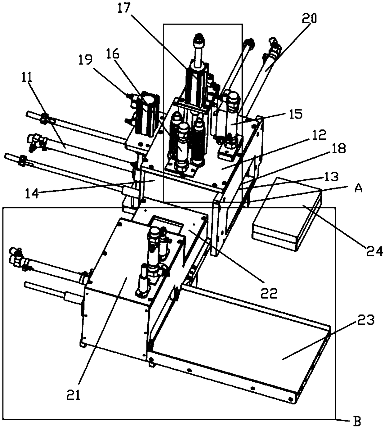 Curved glass forming die outlet cavity sealing and cooling device and curved glass forming machine