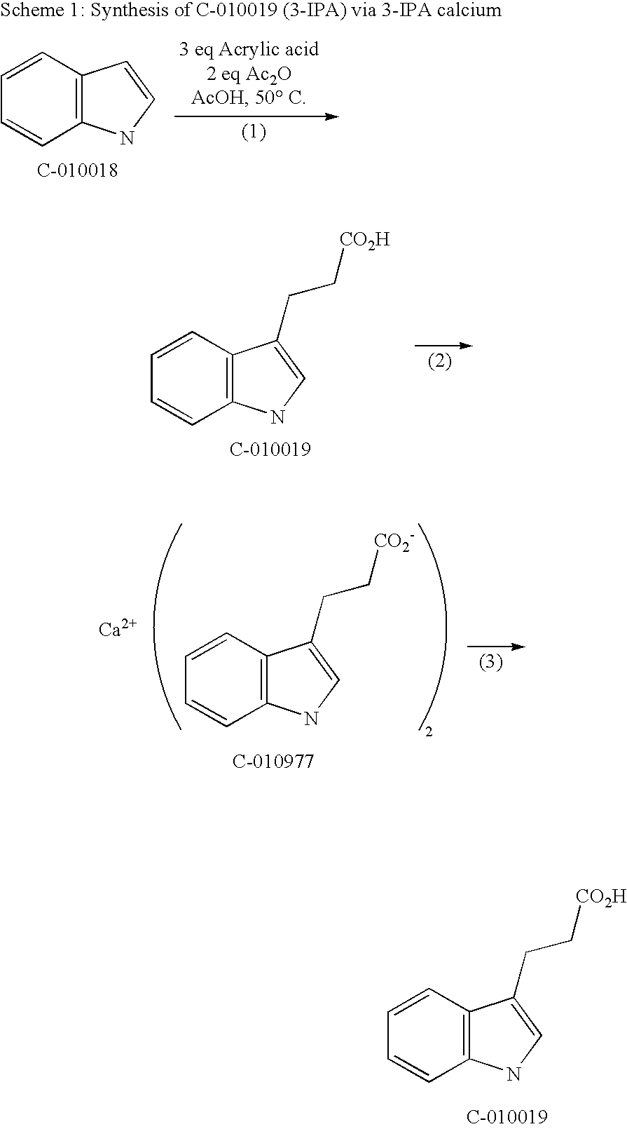 3-(3-indolyl) propionic acid calcium salt and method of making 3-(3-indolyl) propionic acid free acid therefrom