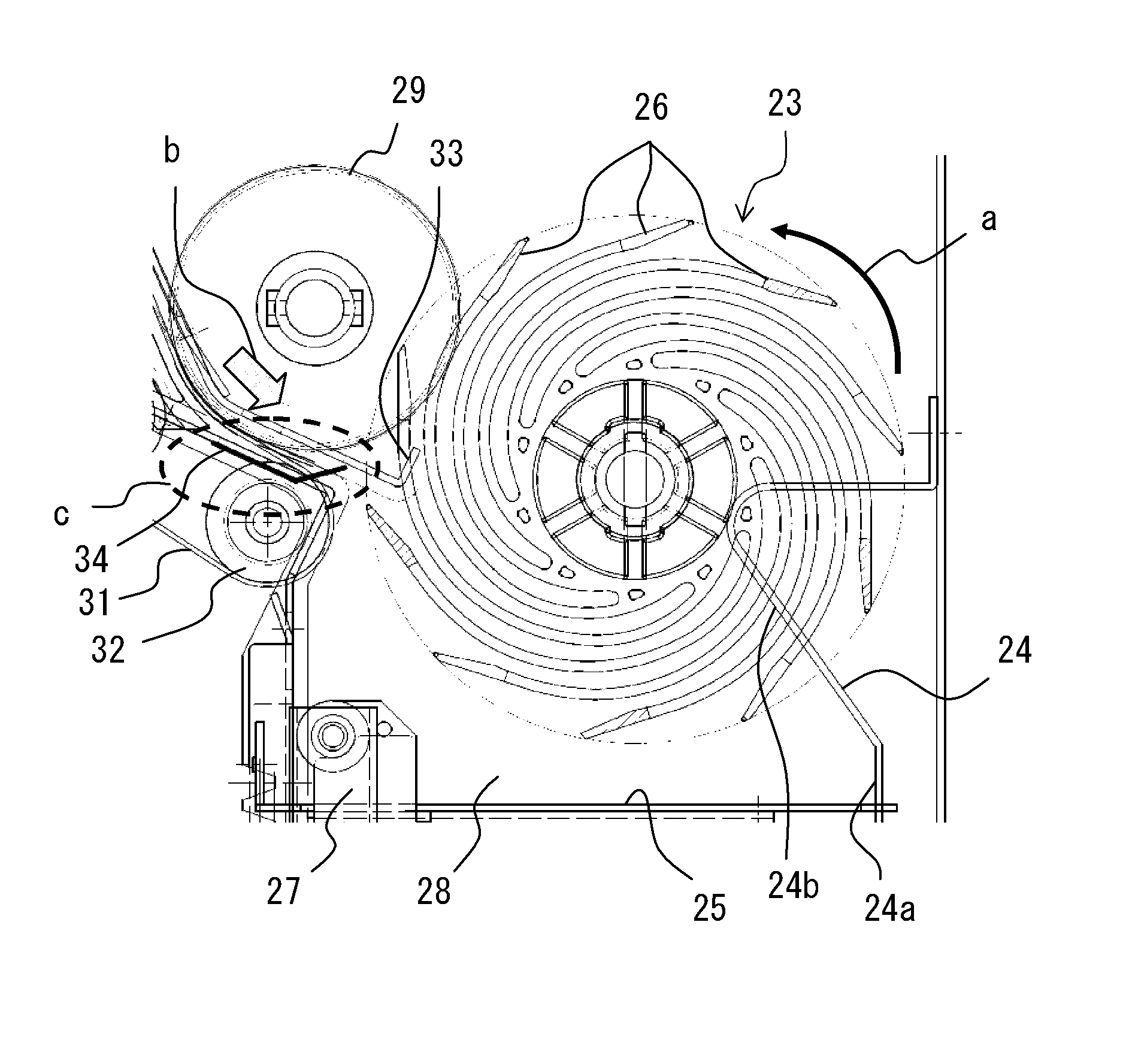 Swirling vane wheel accumulating apparatus