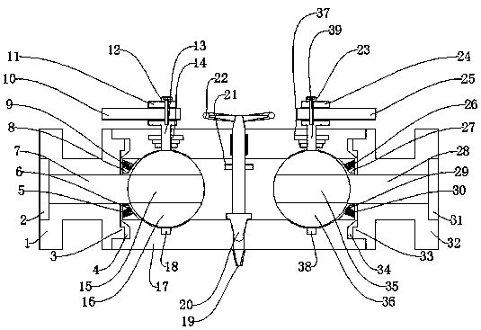 An integral double-block double-discharge ball valve