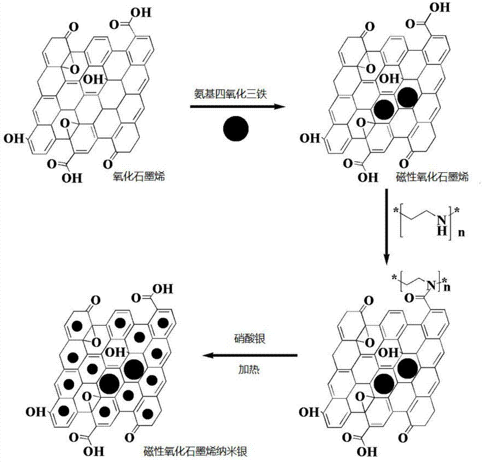 Magnetic graphene oxide nano-silver composite material and preparation and application thereof