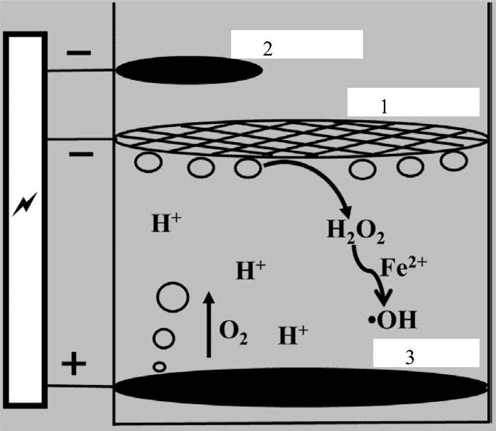 Method for degrading organic pollutants by using self oxygen supply and self acidification electro-Fenton system