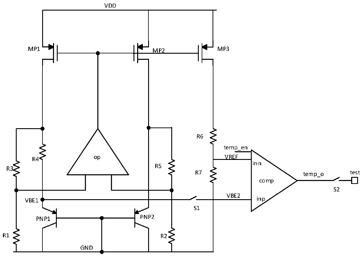 Circuit and device for detecting temperature of reference voltage bjt tube