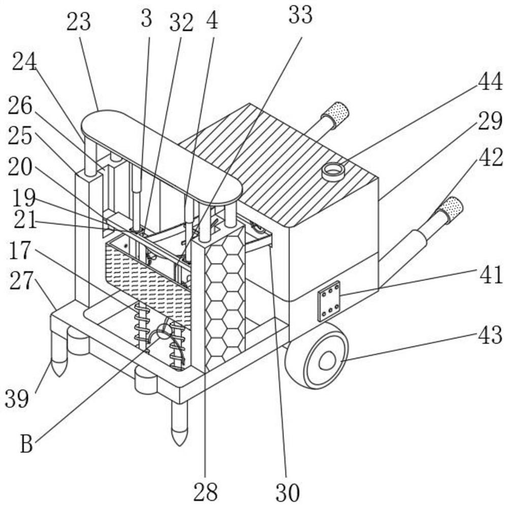 Positioning and pit digging device facilitating young seed particle discharging for agricultural planting