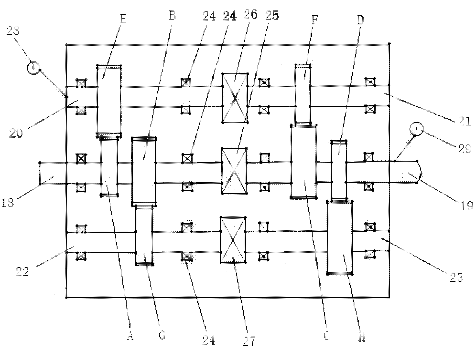 Three-clutch three-gear speed change transmission device and three-clutch method thereof