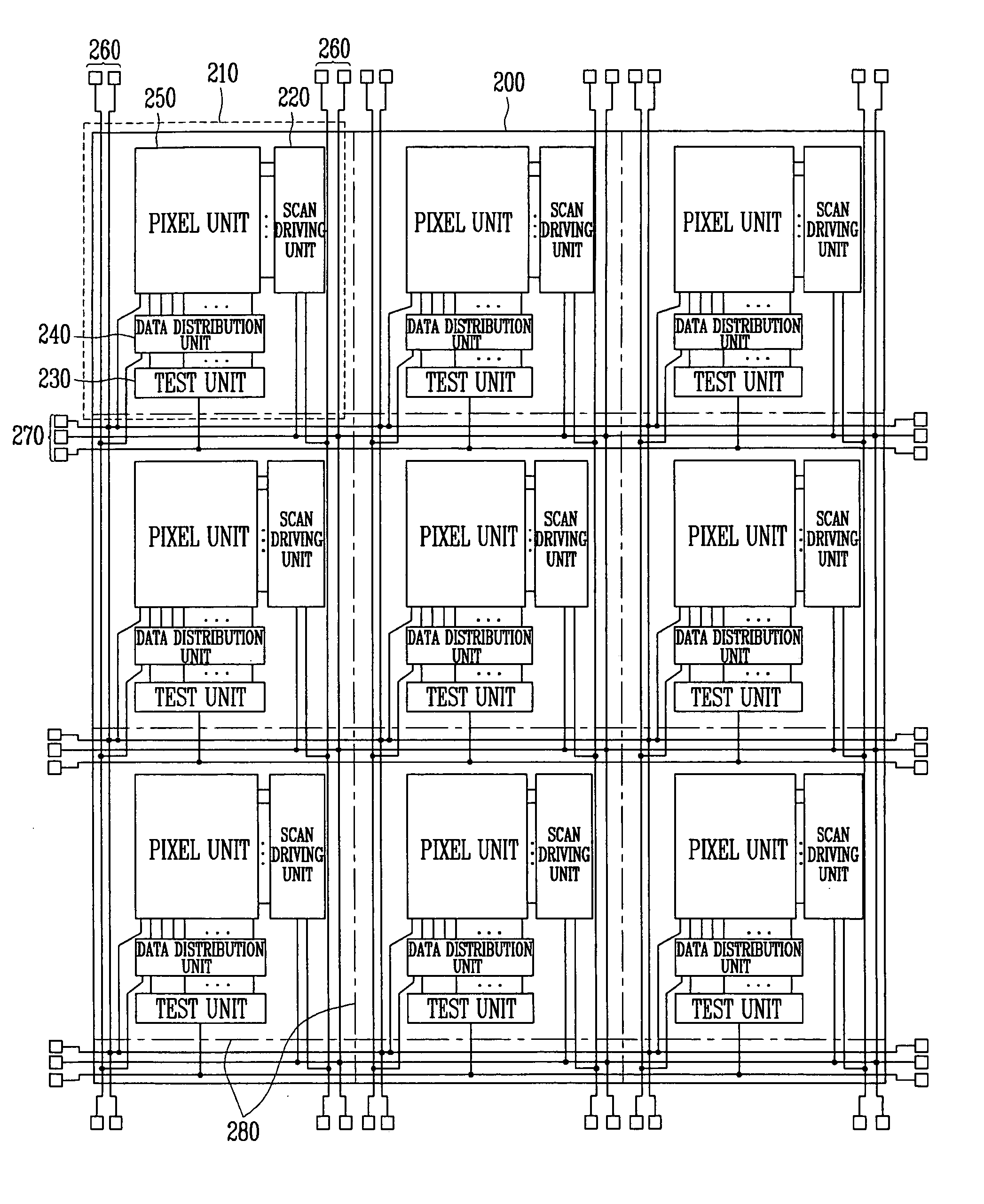 Organic electro luminescence display (OELD) to perform sheet unit test and testing method using the OELD