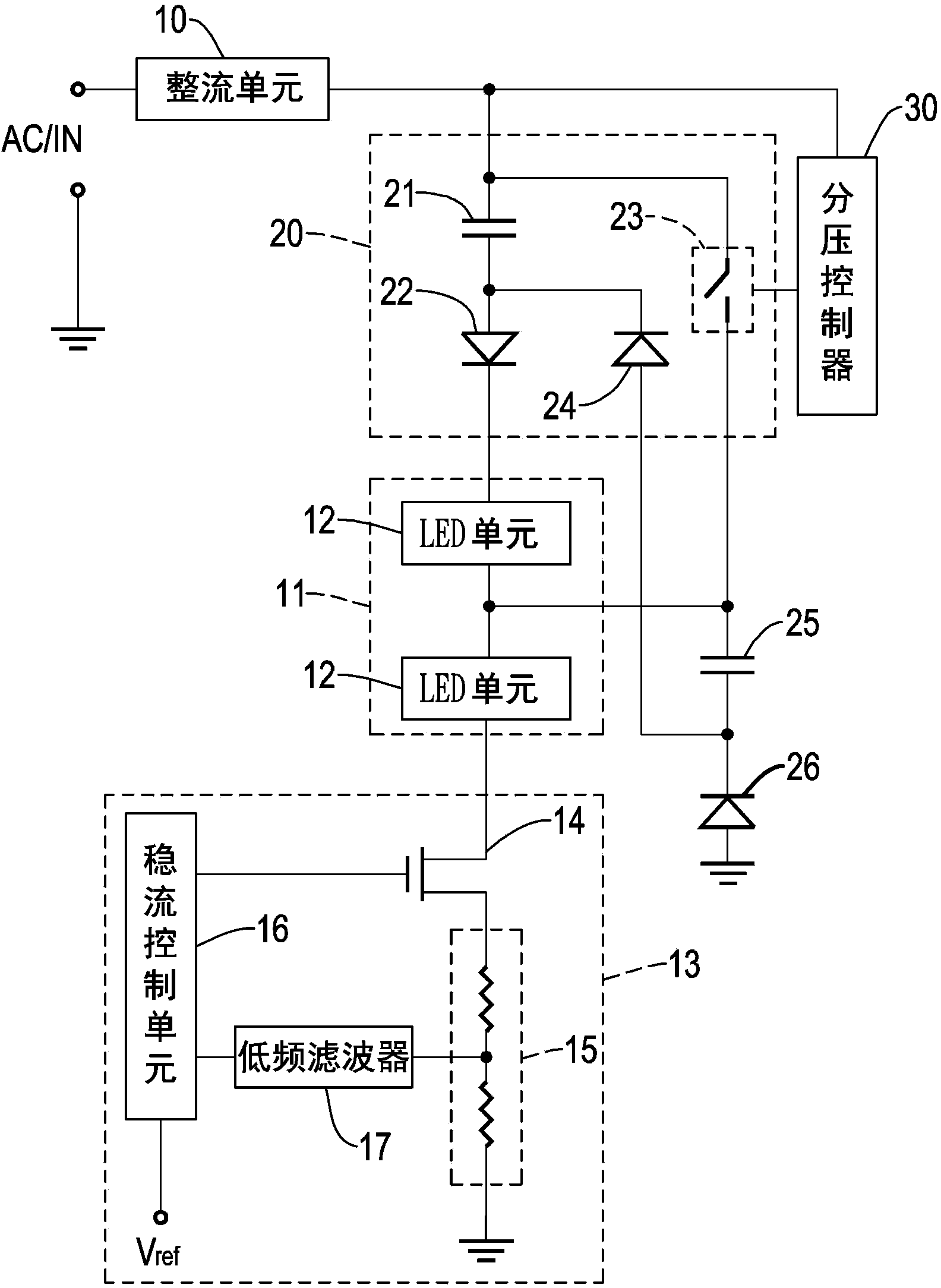 Linear led driving circuit using score divider for adjusting voltage