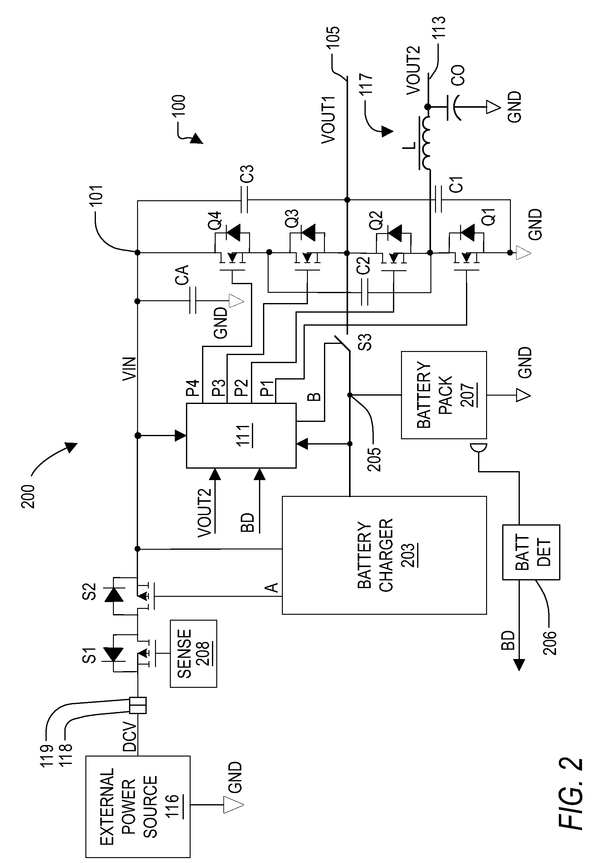 Voltage converter with combined capacitive voltage divider, buck converter and battery charger