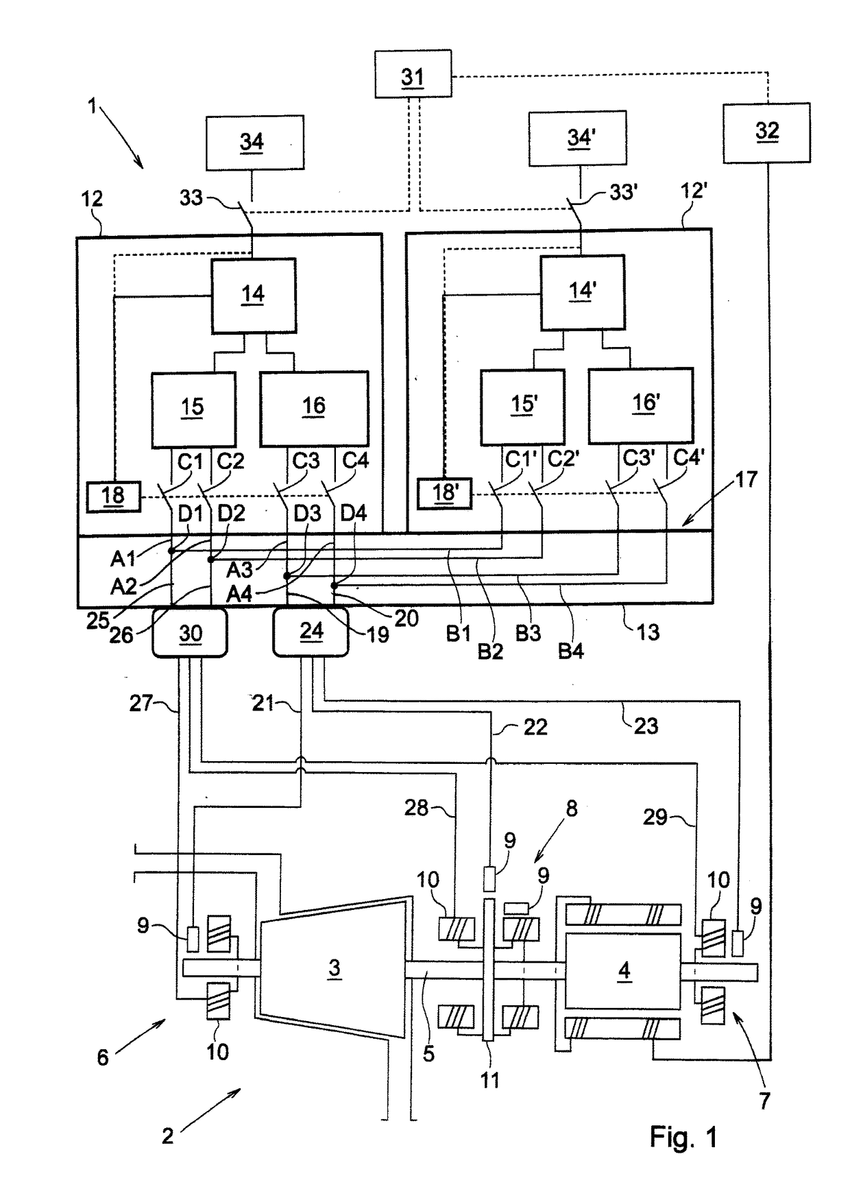 Control system and method for supply of power to active magnetic bearings in a rotating machine