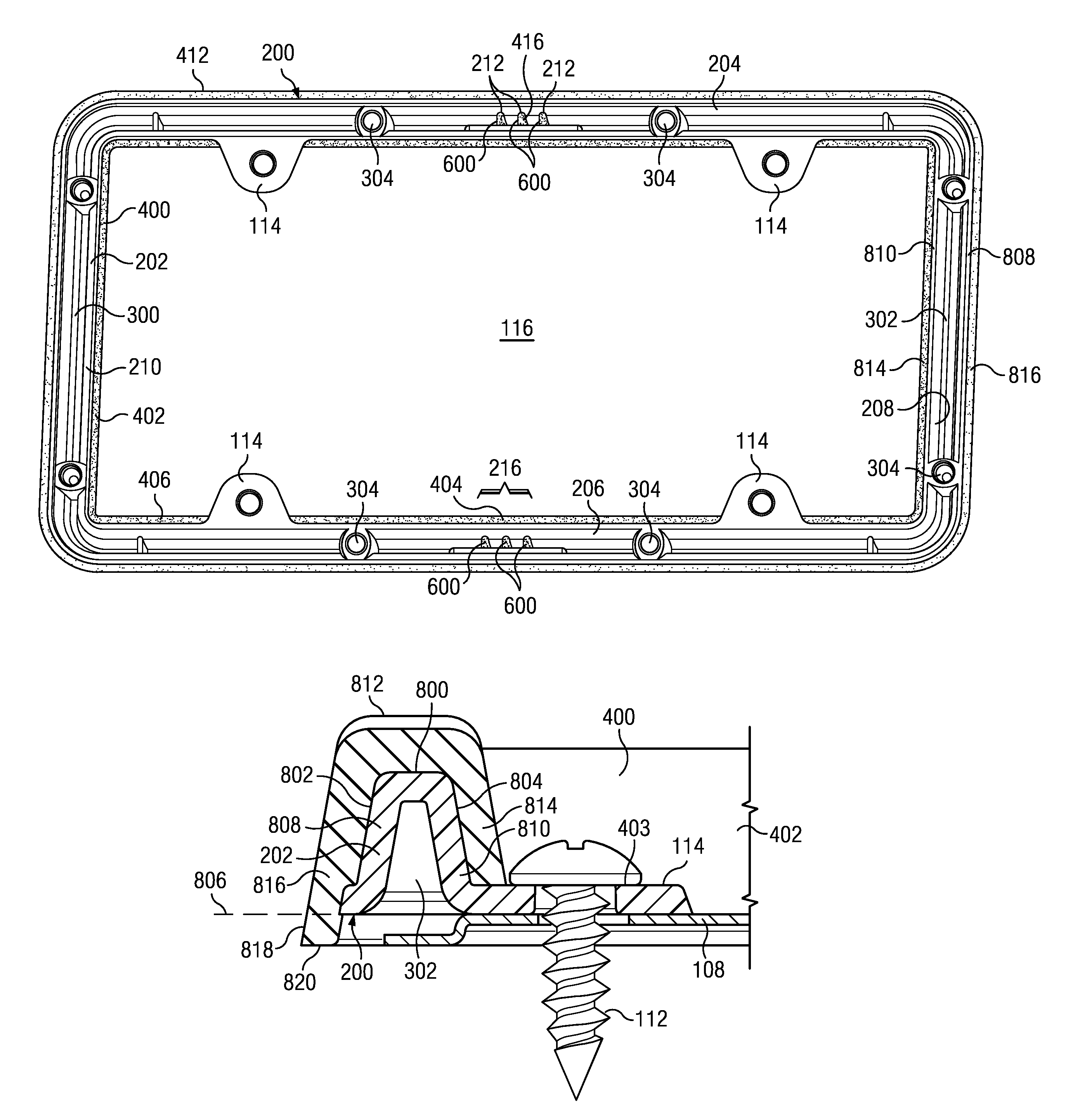 Overmolded vehicle license plate frame and bumper assembly