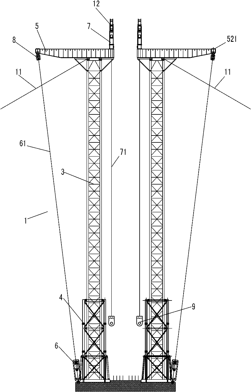 Twin-tower low-pylon self-balancing lifting device