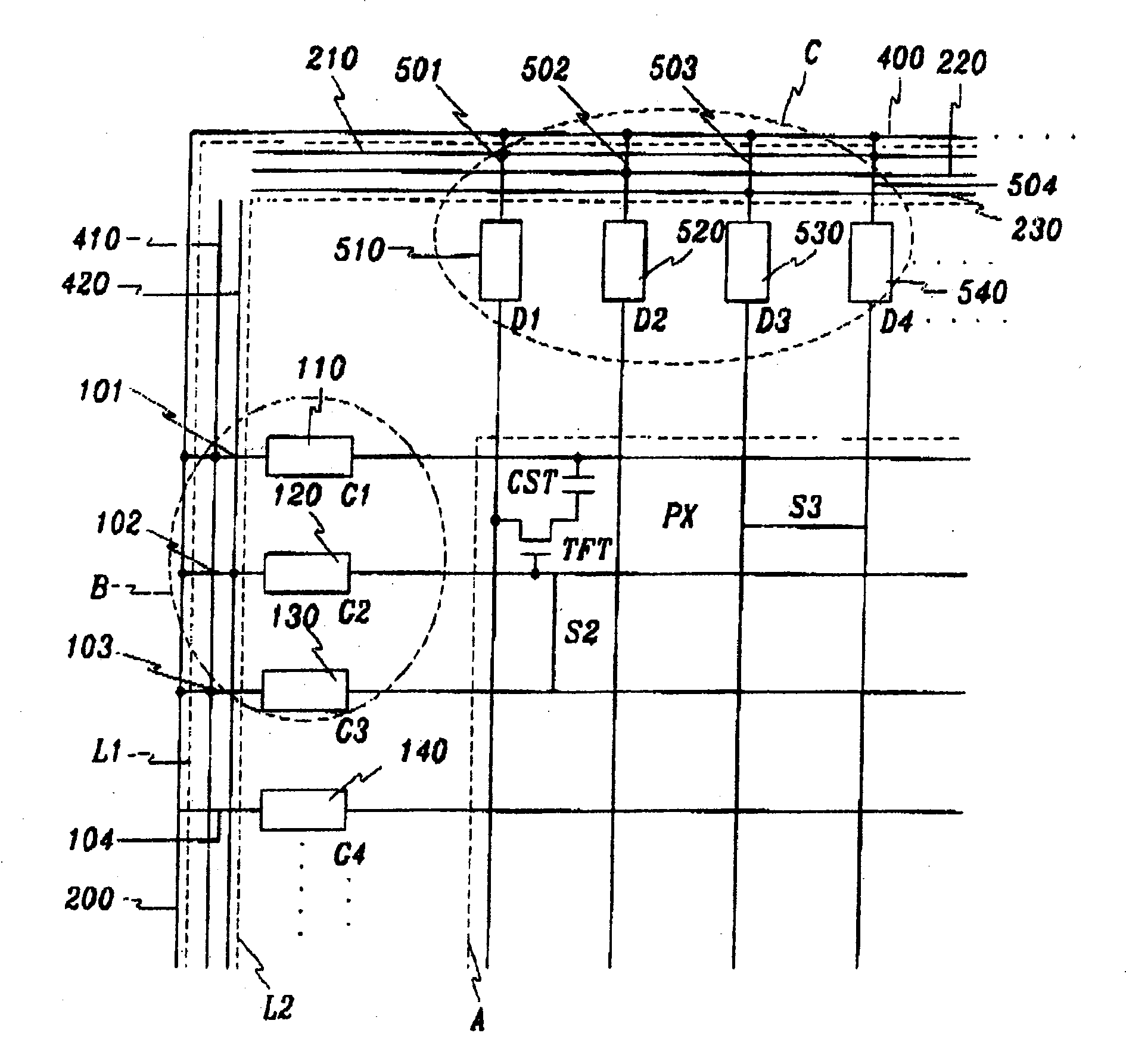 Multiple testing bars for testing liquid crystal display and method thereof