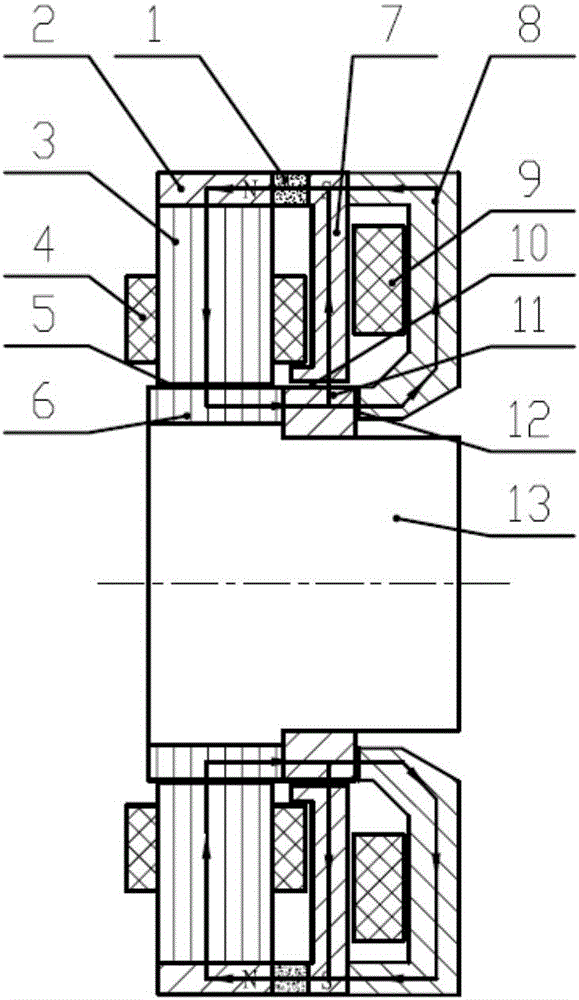 Non-thrust-disc radial and axial integrated permanent magnet biased magnetic bearing