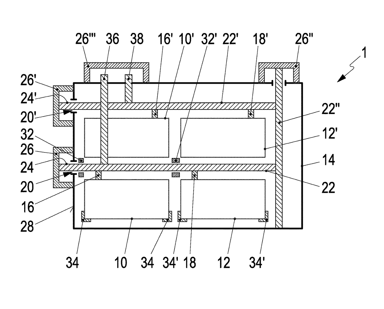 Battery unit having at least one first battery module and at least one second battery module in a battery housing