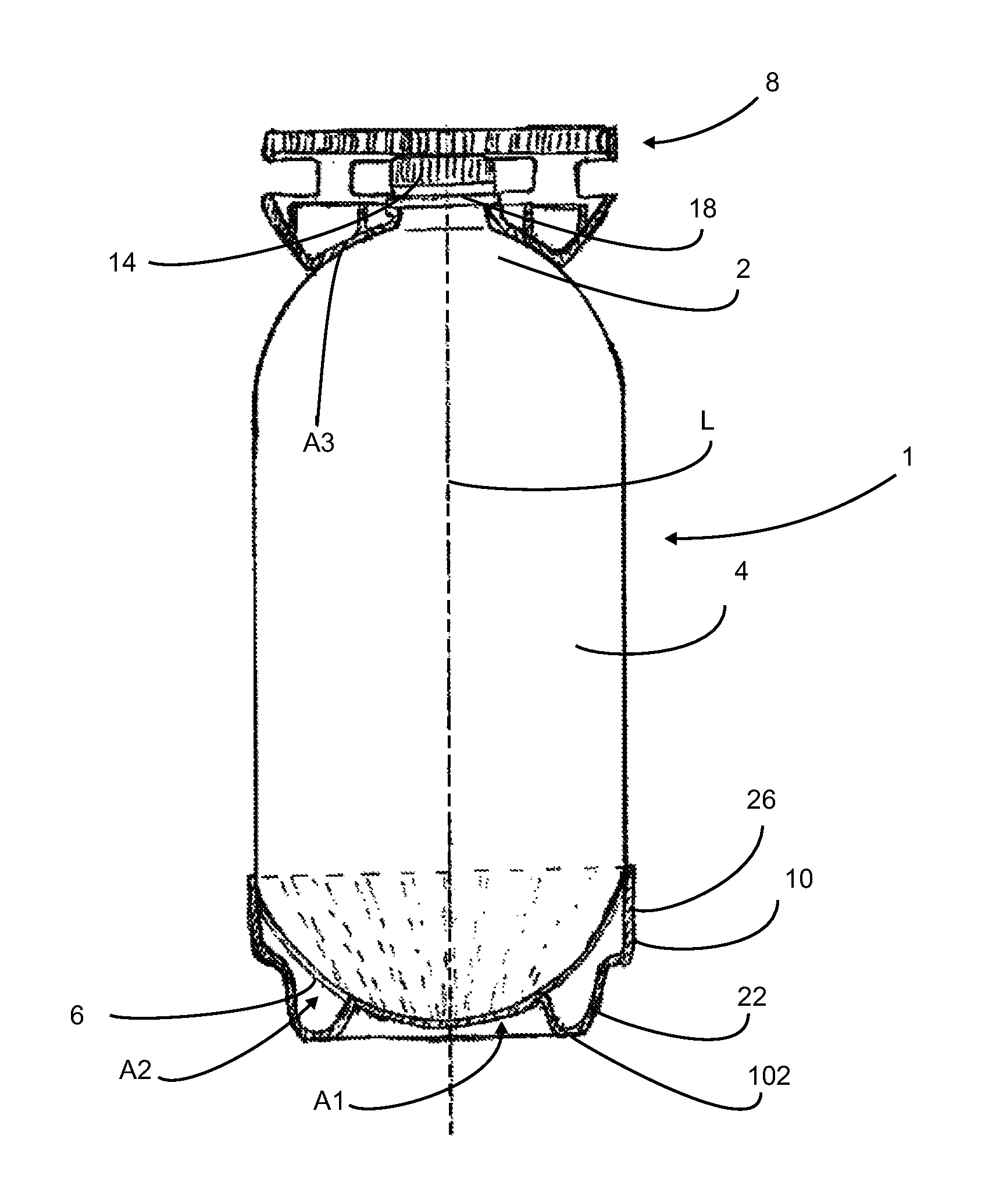 Compressible plastic container with base cup